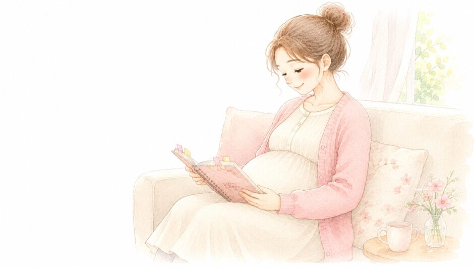 付箋がたくさん付いた記録ノートを読む妊婦さんの水彩イラスト