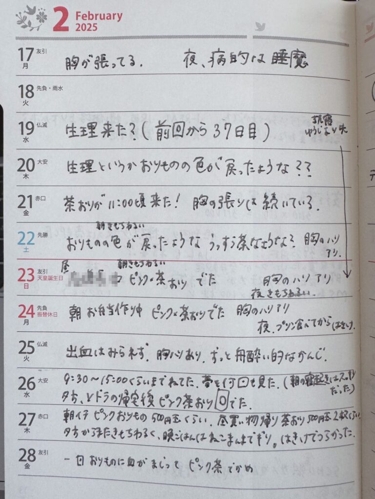 妊娠してるかもと思っていたころの手帳の記録。「ずっと船酔い的なかんじ」の記載（一部モザイク）