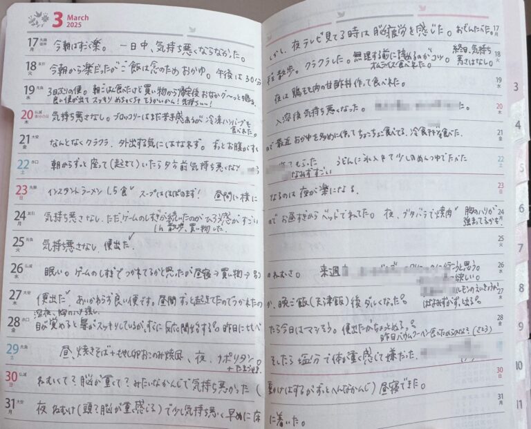 つわりが終わっていくころの手帳の記録。「今朝はすごく楽。一日中、気持ち悪くならなかった」の記載（一部モザイク）