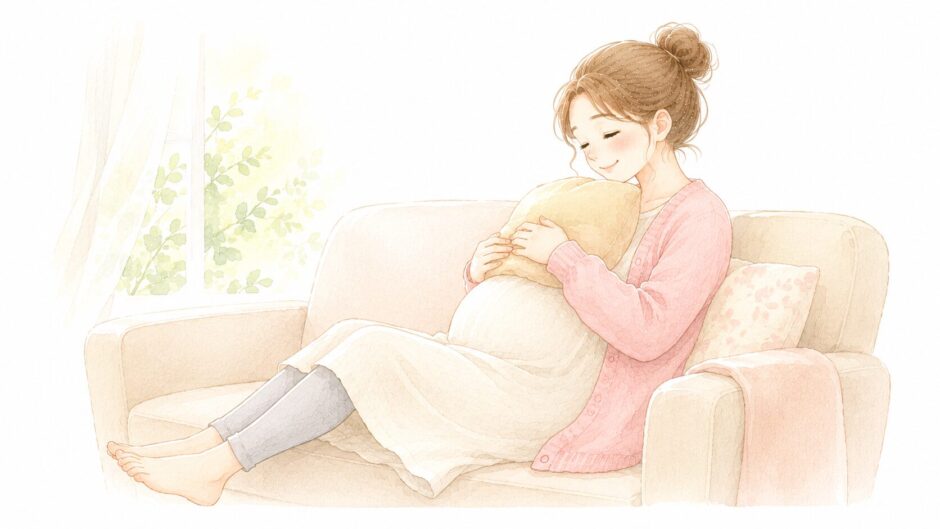 ソファでクッションを抱えてゆったりくつろぐ妊婦さんのイラスト