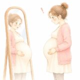 鏡の前でせり出したお腹を見て驚く妊婦さんのイラスト
