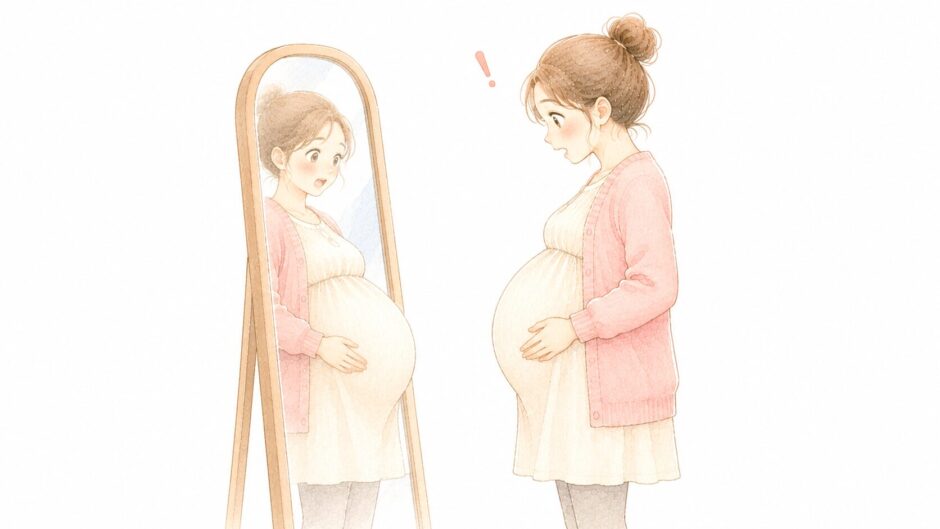 鏡の前でせり出したお腹を見て驚く妊婦さんのイラスト