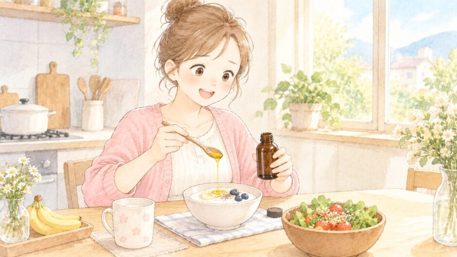 朝のキッチンでヨーグルトに亜麻仁油を小さじ1かけるママのイラスト