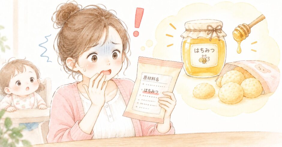 お菓子の原材料表示に「はちみつ」を見つけて青ざめるママのイラスト