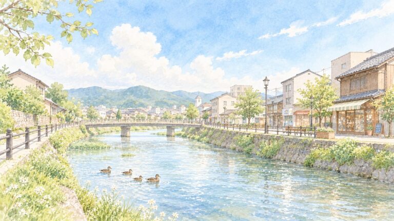 川沿いに商店や家が並び、川に鴨が泳ぐ地方の街の水彩風イラスト