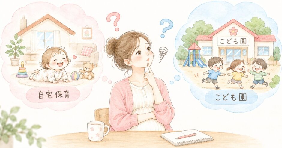 自宅保育かこども園かで迷って考えるママのイラスト