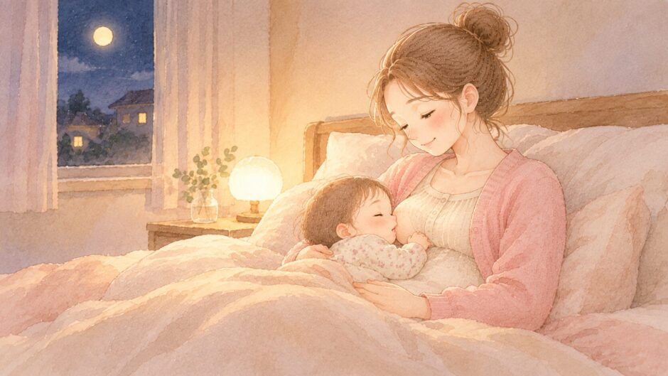 夜中の寝室で、うとうと眠る赤ちゃんに授乳するママのイラスト