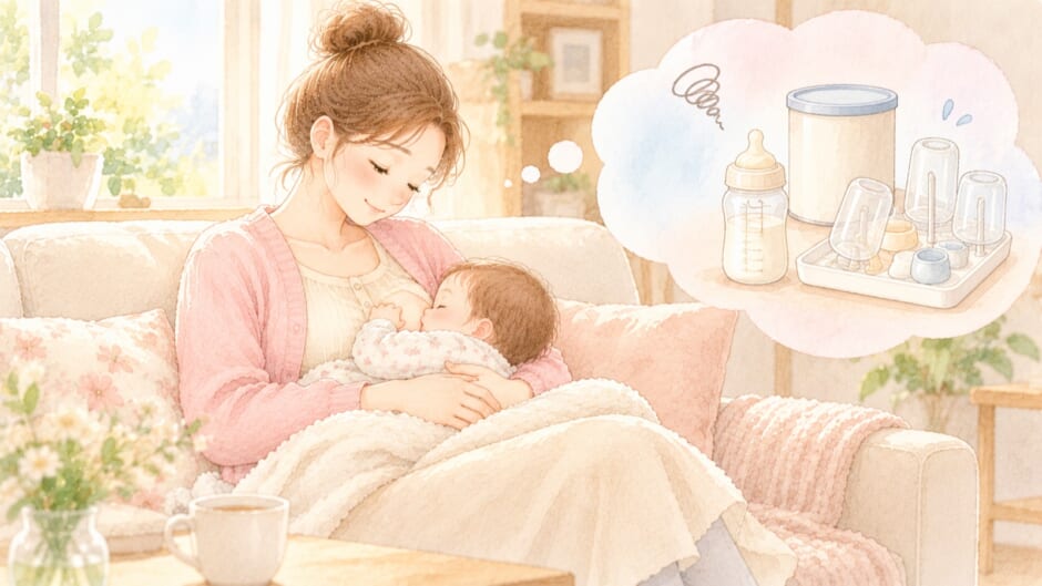 ソファで赤ちゃんに授乳しながら、哺乳瓶やミルク缶を思い浮かべるママのイラスト