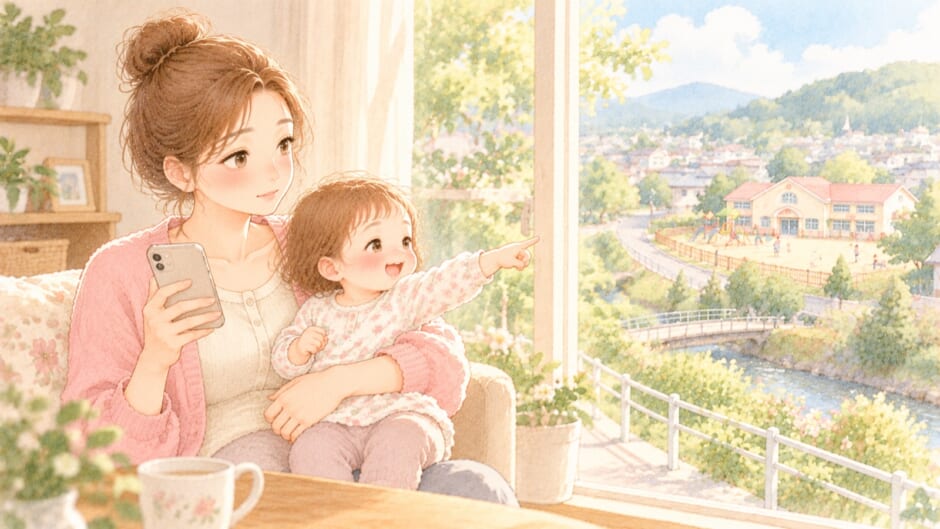 窓辺でスマホを見るママと、遠くの保育園を指さす1歳の娘のイラスト