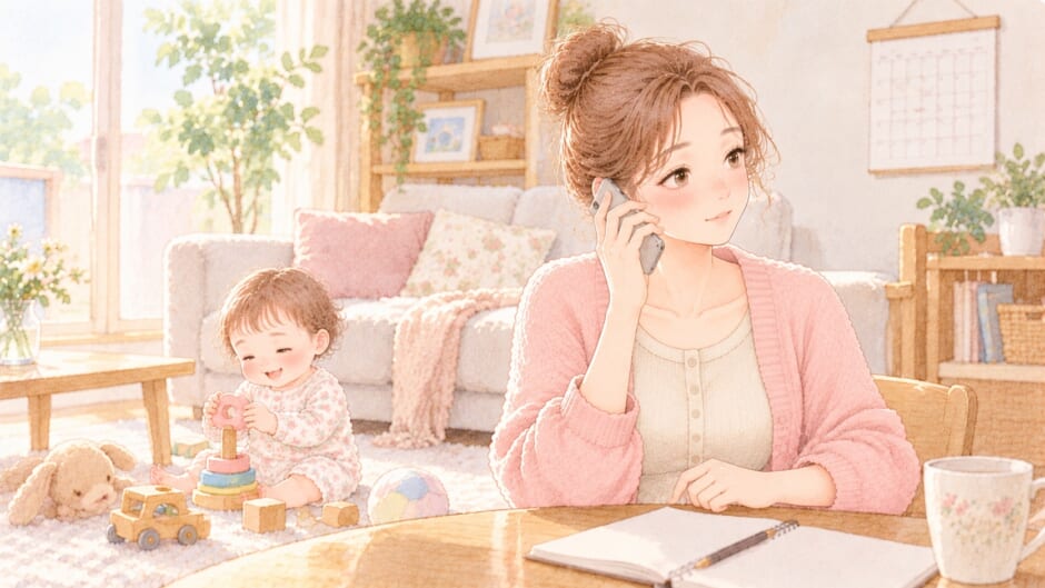 リビングでスマホで電話をするママと、そばでおもちゃで遊ぶ赤ちゃんのイラスト