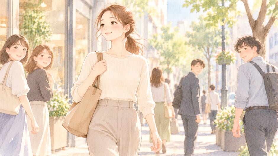 背筋を伸ばして街を歩く女性と、さりげなく視線を向ける通行人のイラスト