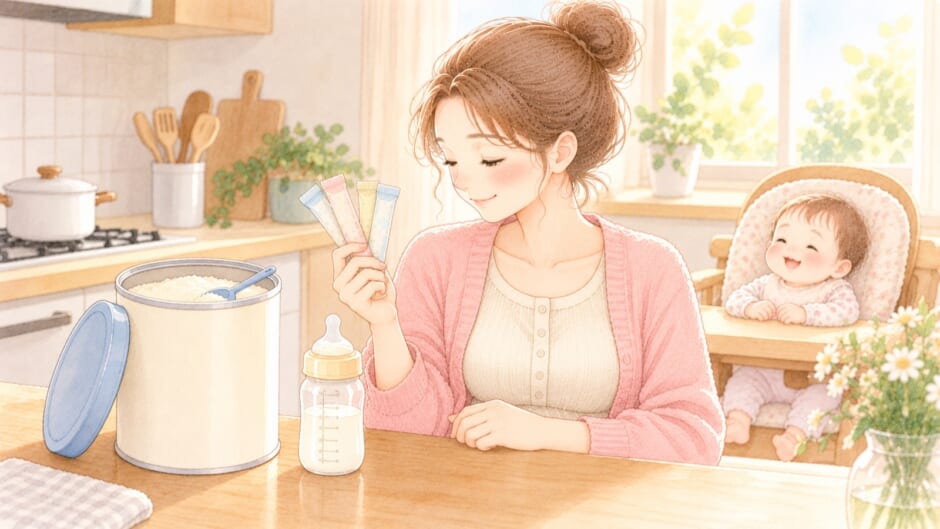 粉ミルクの缶の横で、スティックタイプのミルクを手に持つママのイラスト