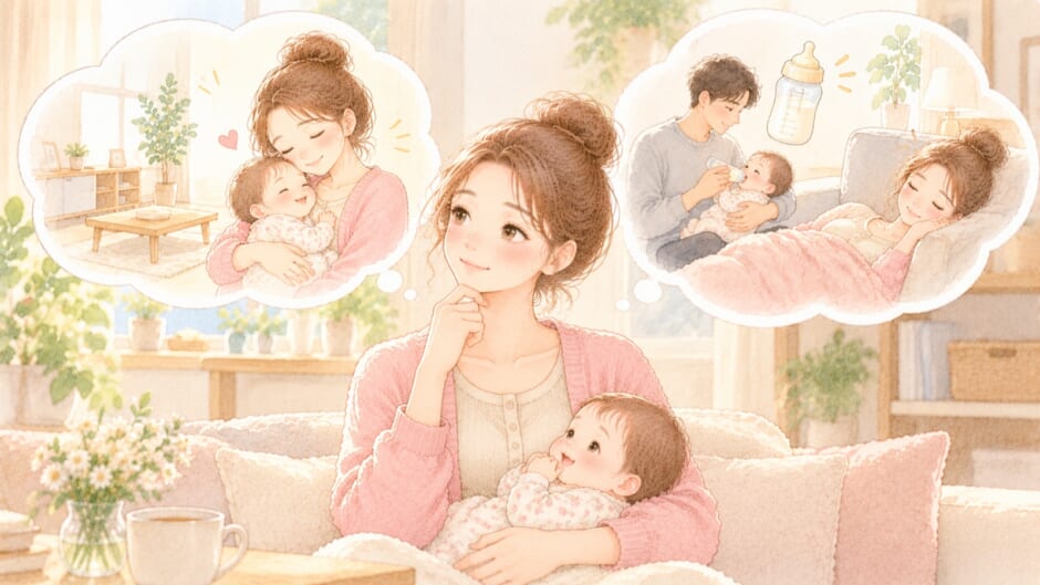 赤ちゃんを抱っこしながら、2つの「ラク」を思い浮かべるママのイラスト