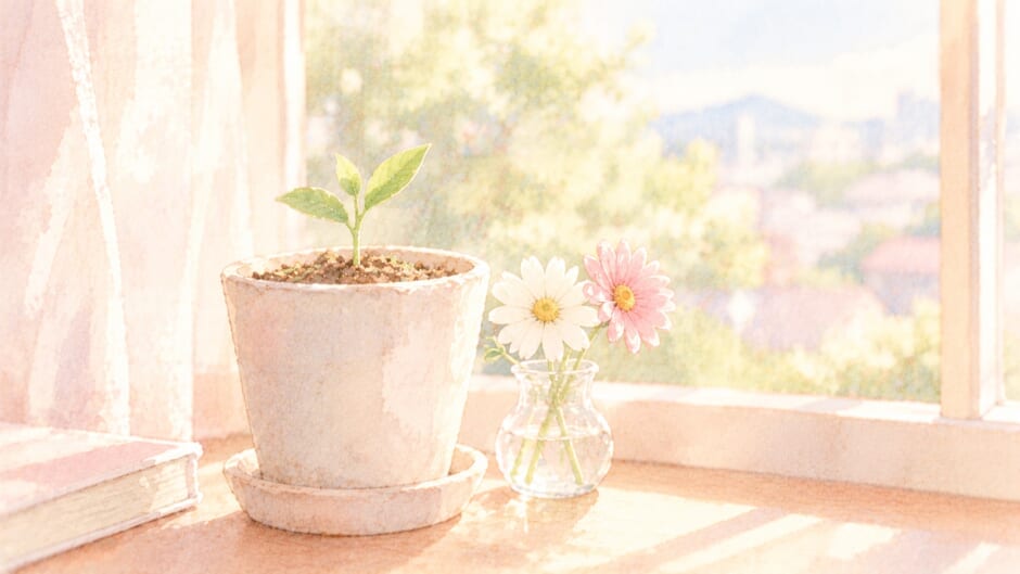 窓辺の鉢植えから新しい芽が伸び、横に2輪の花が寄り添って咲いているイラスト